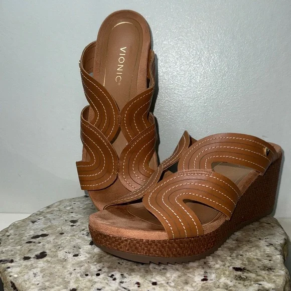 VIONIC MALORIE Raffia Natural Tan Leather Open Toe Slip On Wedge Sandals Sz 9.5 - Picture 16 of 16